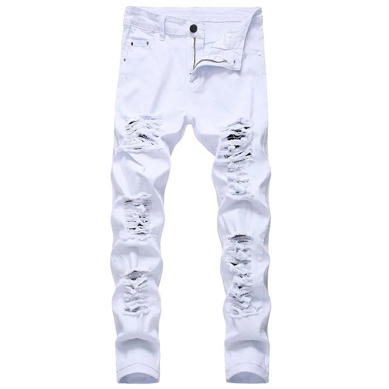 FORUWISH  -  Men's White Jeans Fashion Hip Hop Ripped Skinny Men Denim Trousers Slim Fit Stretch Distressed Zip Men Jean Pants High Quality