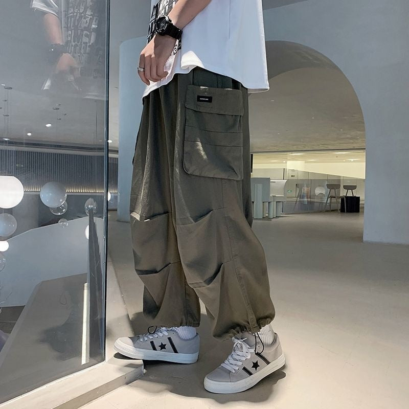 White/Green/Black Casual Pants Men Fashion Pocket Cargo Pants Men Streetwear Loose Hip Hop Wide Leg Pants Mens Trousers M-2XL