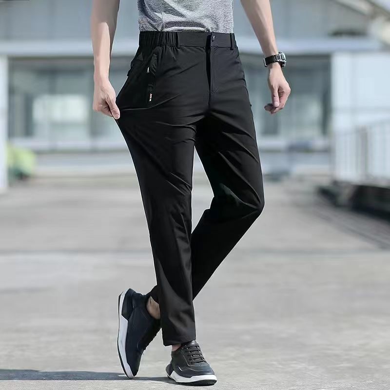 Large Size Men's Summer Pants Big Size Ice Silk Stretch Breathable Straight Leg Pants 6XL Quick Dry Elastic Band Black Trousers