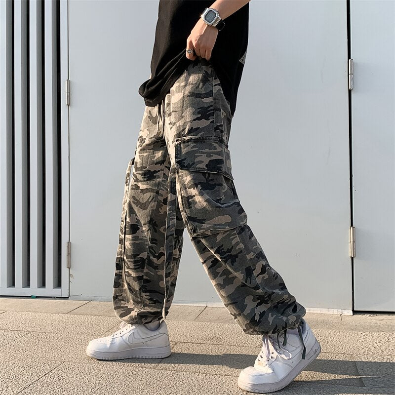 Pants Men American Retro Ribbons High Street Cargo Trousers Loose Spring Military Elastic Waist Large Size All-match Harajuku