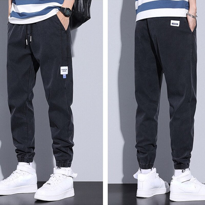 Spring Summer Jeans Men Cotton Thin Elastic Drawstring Waist Beam Feet Light blue Loose Joggers Sports Cargo Trousers Male