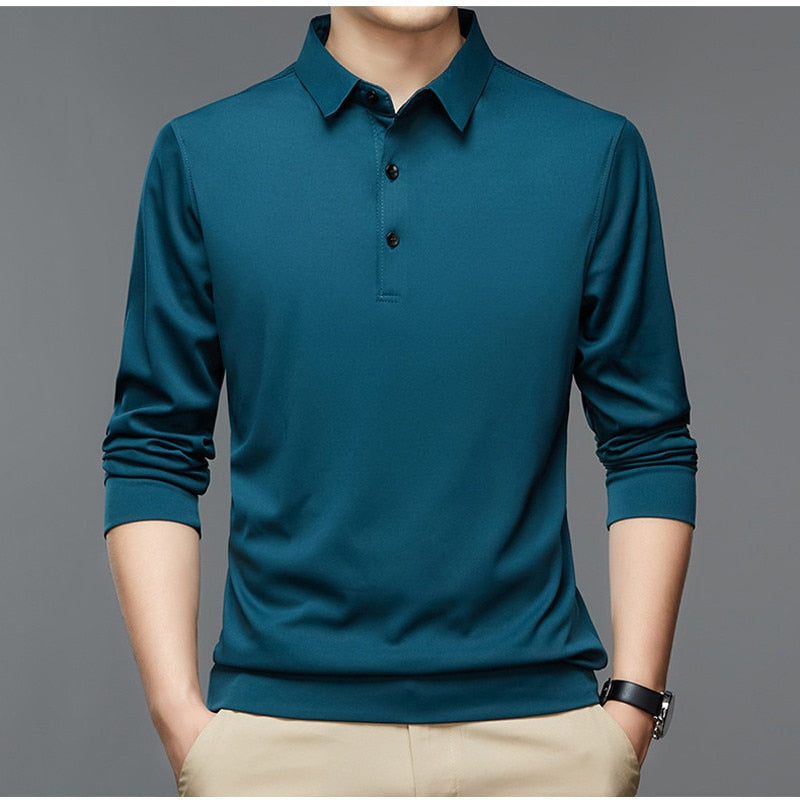 2023 New Men Polo Shirt Casual Business Tops Solid Polos Shirts Mens Long Sleeve Polo Homme Fashion Korean Slim Lapel Tee