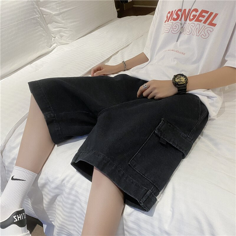 Shorts Men Loose Simple All-match Cargo Knee-length Denim Casual Pockets Fashion Harajuku Design High Waist Zipper Minimalist