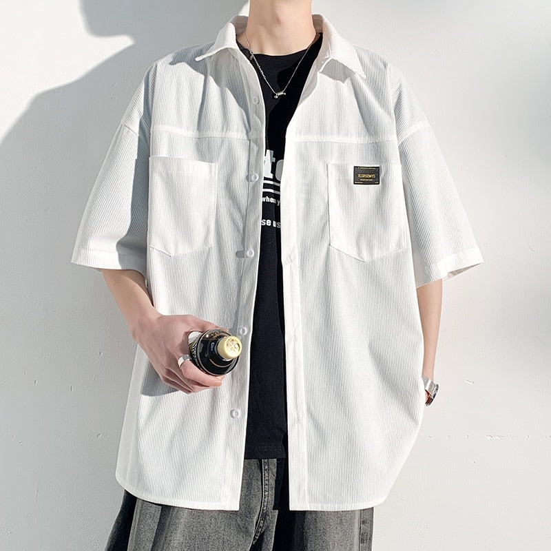Spring Men's Corduroy short sleeve Shirts Fresh Harajuku Neutral Woman Fashion Casual Oversize Hip Hop College Shirt Coat 2023