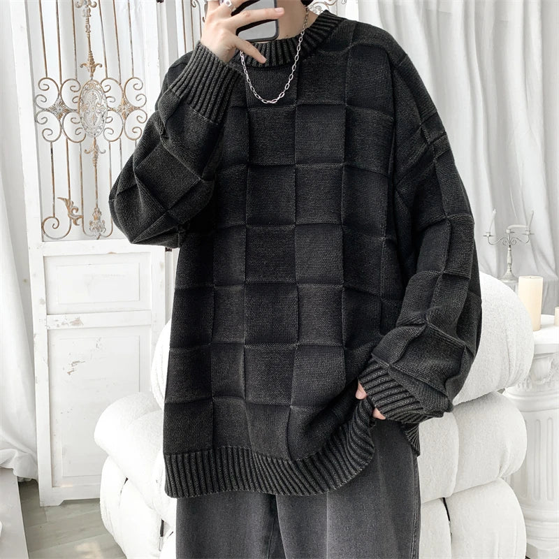 Plus Size 5XL-M High Quality Casual O-neck Sweater Men Chic Pattern Unisex Fashion Loose Knitted Pullovers Men's Black Knitwear