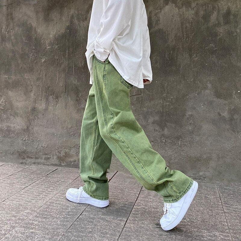 Korean Fashion Men Jeans Purple Green Loose Straight Vintage Casual Streetwear Skateboard Dance Denim Cargo Baggy Pants