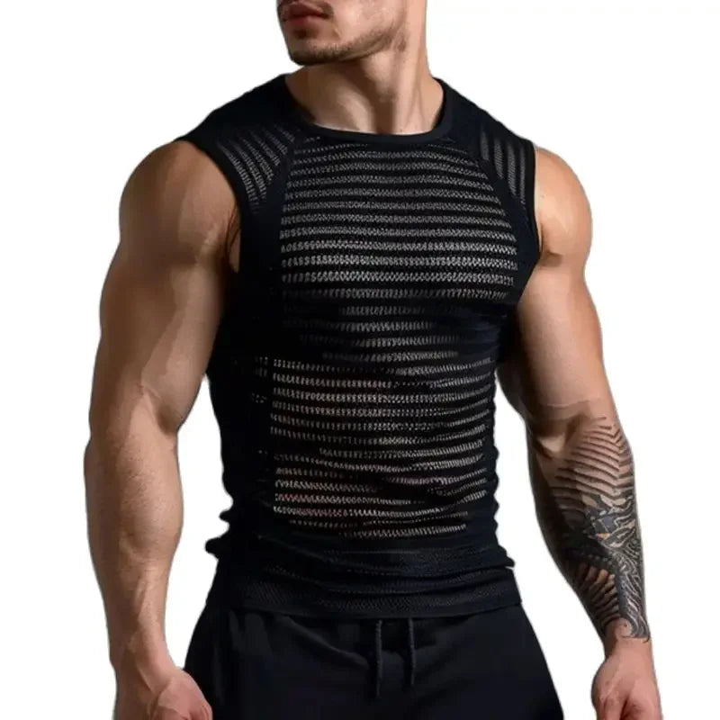 Sexy Mens See Through Mesh Tank Tops Fashion Hollow Out Breathable Sports Slim Camisoles Men Summer Trendy Sleeveless T Shirts