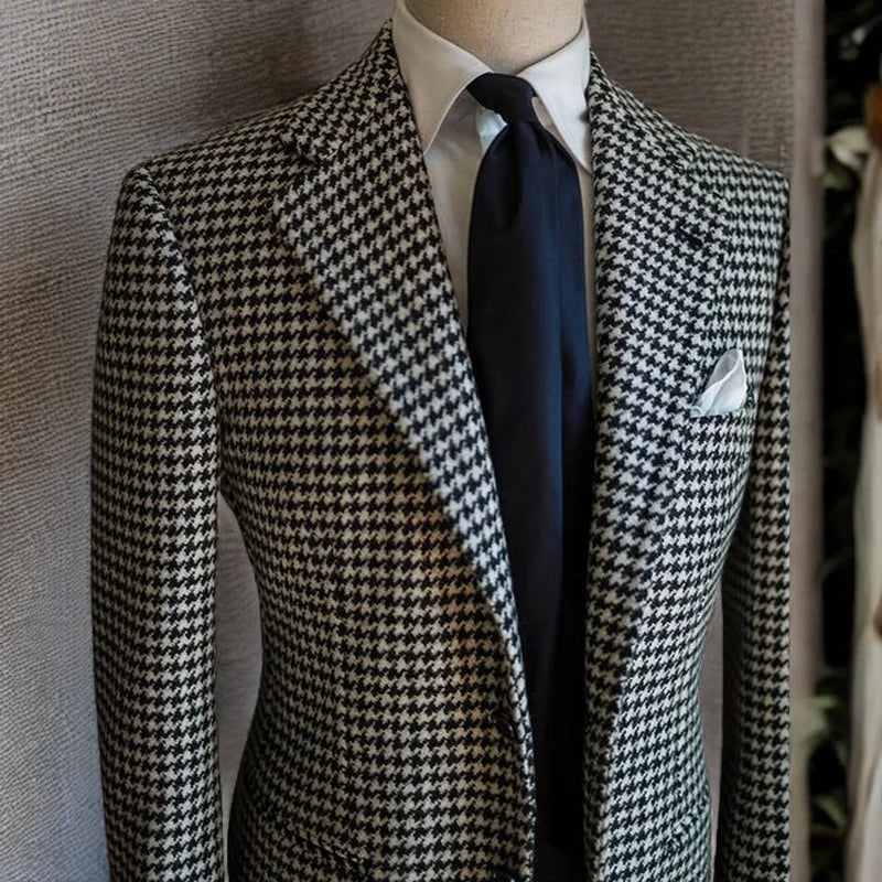 Houndstooth Business Blazer for Men 2024 Plaid Notched Lapel Suit Jacket Formal Male Fashion Coat