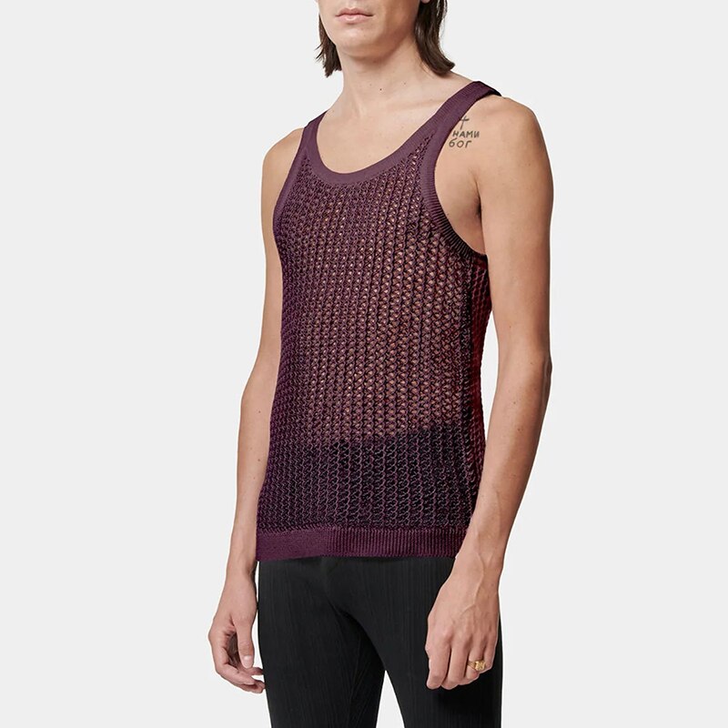 2023 Summer Casual Hollow Out Solid Color Tank Tops Mens Fashion Loose Crew Neck Sleeveless Vest Men Sexy Camisole Streetwear