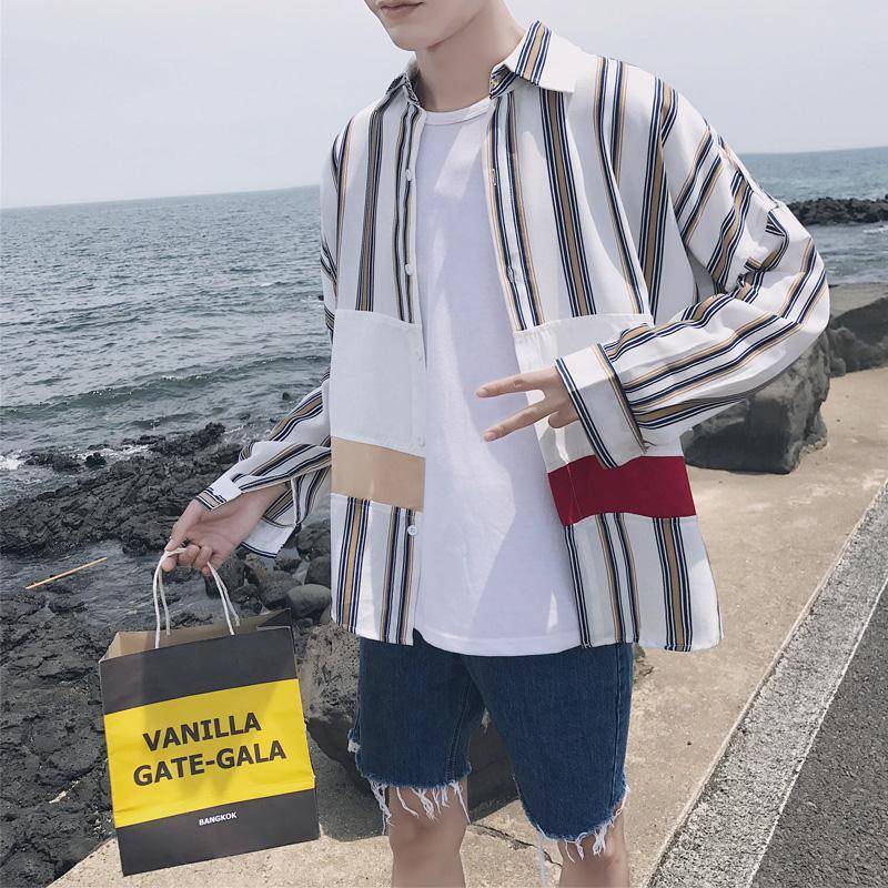 Fashion Lapel Button Spliced Loose Korean Striped Shirts Men's Clothing 2023 Spring New Casual Tops Long Sleeve All-match Shirt