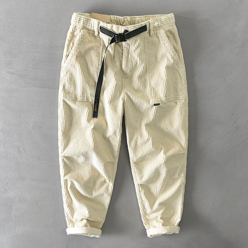 Autumn Winter High Quality Men Cargo Pants Khaki Off White Warm Corduroy Solid Color Casual Loose Soft Tie Feet Trousers