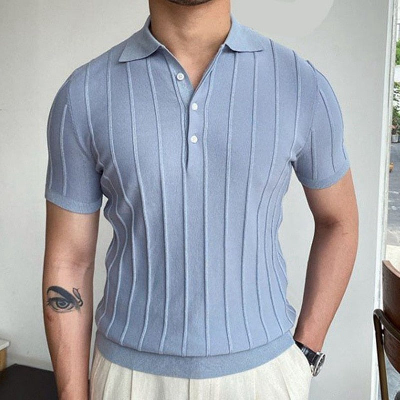 Spring Summer Knit Polo Shirt Men Casual Turn-down Collar Bussiness Fashion Striped Solid Slim Tops Ice Silk Cotton T-shirt