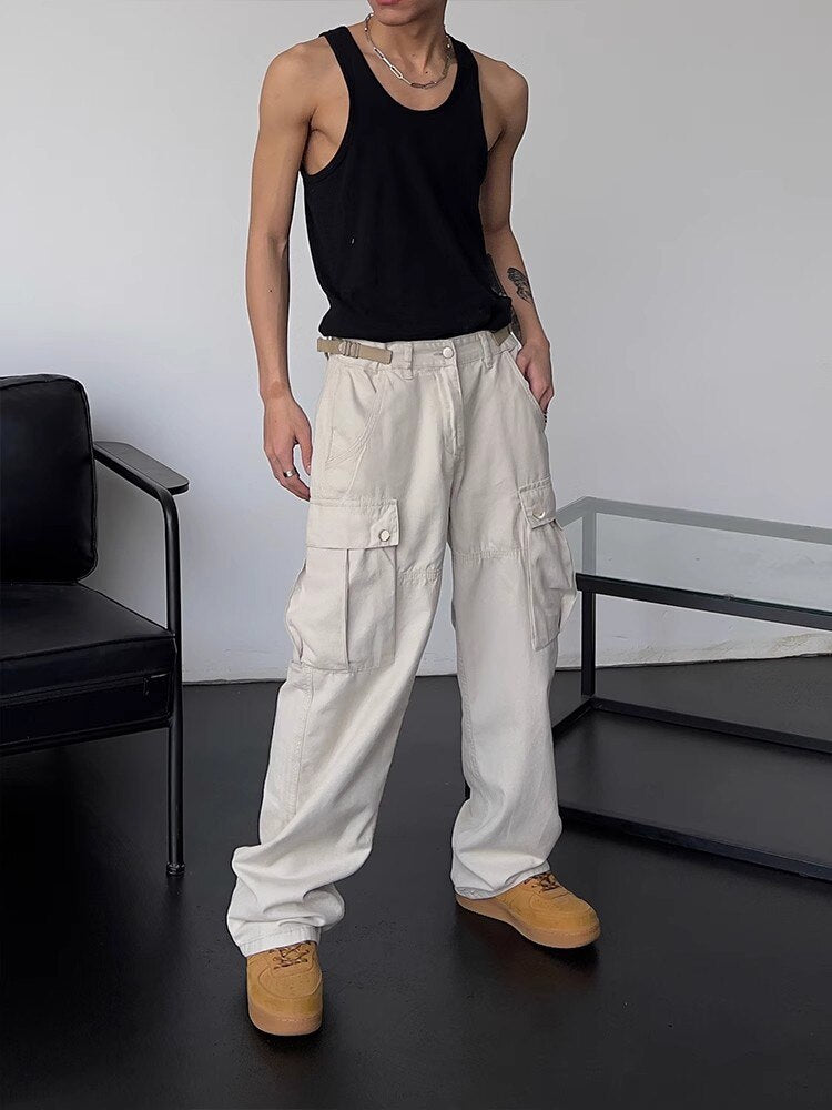 Cargo Pants Men High Street Retro Casual Large Pocket Overalls High Waist Loose Straight Tube Draped Wide Leg Pants For Women