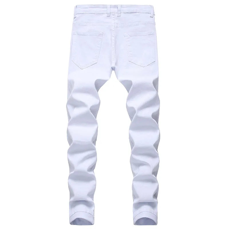 FORUWISH  -  Men's White Jeans Fashion Hip Hop Ripped Skinny Men Denim Trousers Slim Fit Stretch Distressed Zip Men Jean Pants High Quality