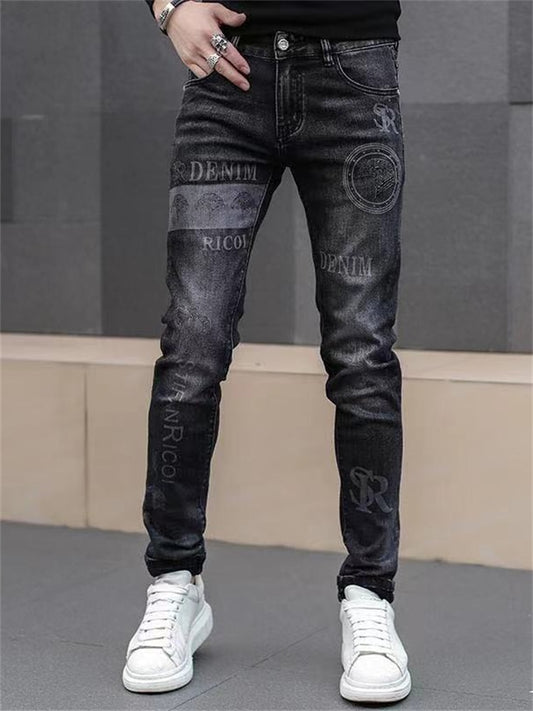 Mens stretch denim print pants jeans Korea slimming trendy casual jeans all-match light luxury men jeans pants for men