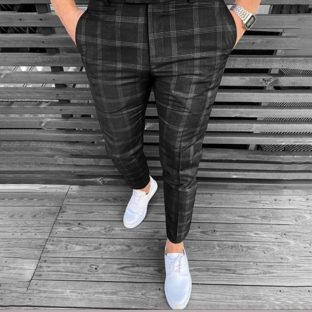 Men's Fashion Pencil Trousers Fashion Men Casual Business Slim Fit Plaid Print Zipper Long Pants Trousers Everyday Casual Pants