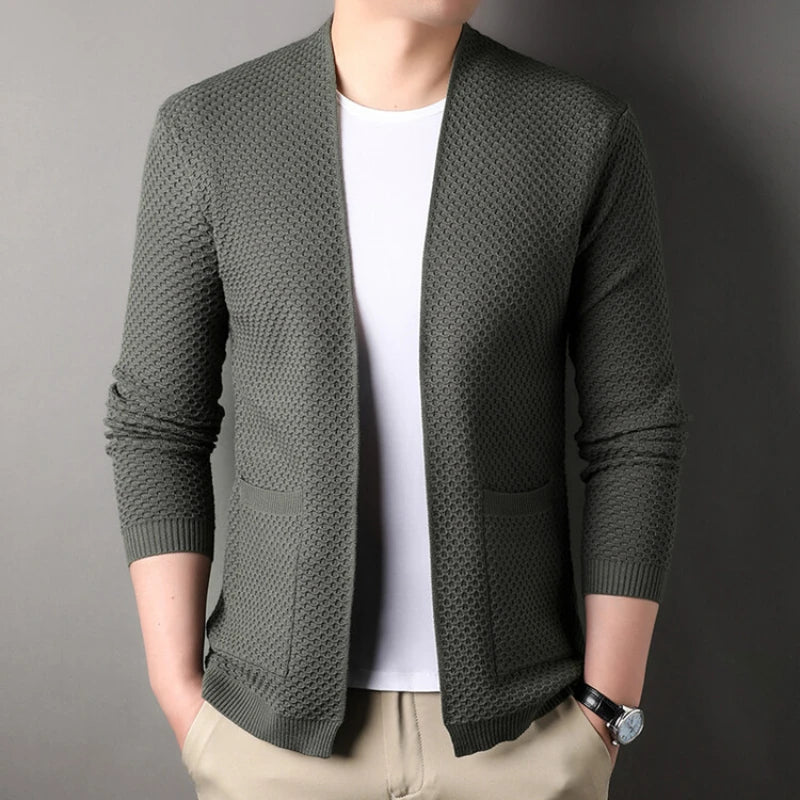 Classic Polo Pattern Cardigan for Men, No Zipper Shawl, Daily Work, Business Thin Coat, Texture Top