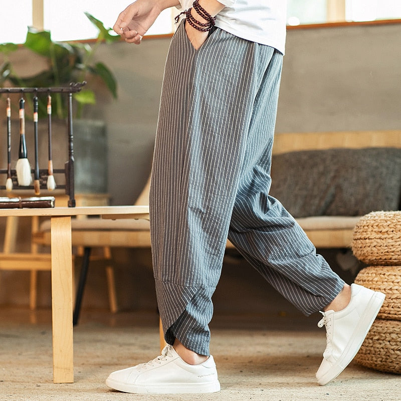 Chinese Style Men's Pants Summer New Striped Cotton Linen Wide Leg Casual Oversized Harem Pants Lantern Trousers Male Clothing