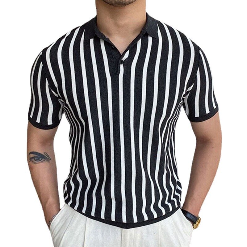 2023 Spring Summer Short Sleeve Knitted Stripe Polo Shirt Casual Men Button Turn-down Collar Tops Men Fashion Polos Tee