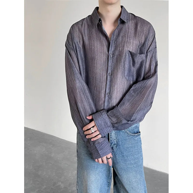 Spring Summer Ice Silk Striped Shirts Men Korean Fashion Simple Long Sleeve Turn Down Collar Blouse Casual Loose Thin Tops