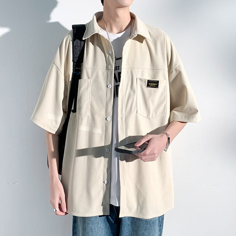 Spring Men's Corduroy short sleeve Shirts Fresh Harajuku Neutral Woman Fashion Casual Oversize Hip Hop College Shirt Coat 2023