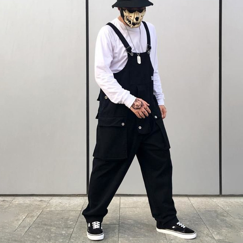 Men Denim Overalls Loose Baggy Street Hip Hop Japanese Style Multi-Pocket Streetwear Work Trousers Cargo Jumpsuit