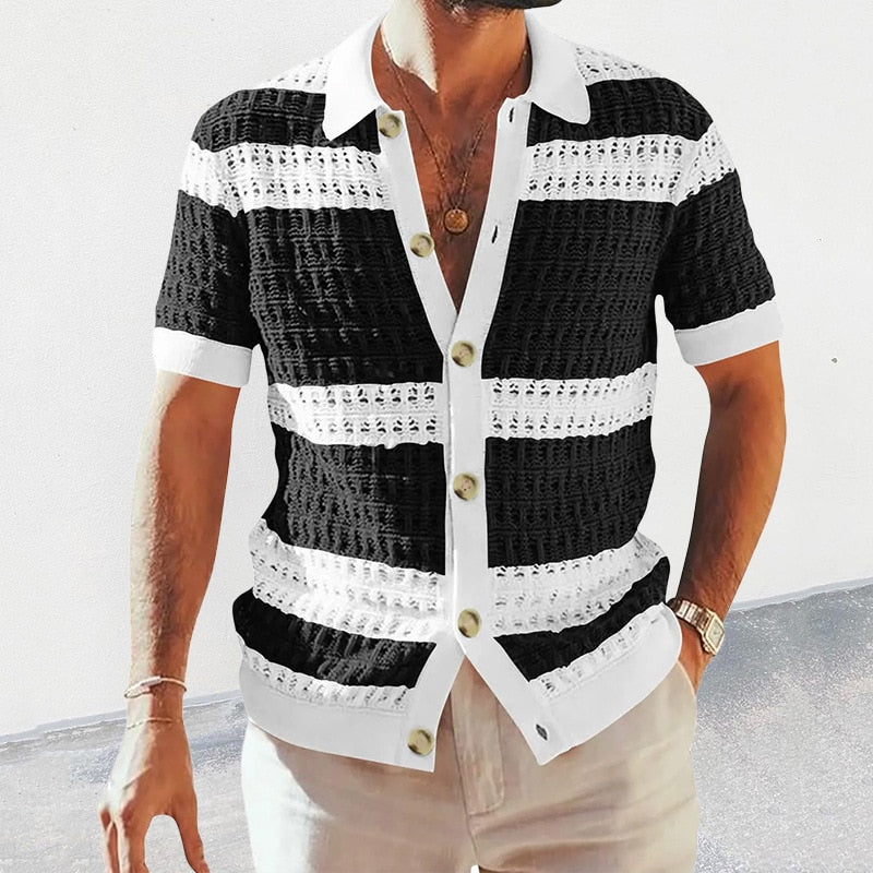 Casual Mens Knitted Shirts 2023 Spring Summer Loose Short Sleeve Buttoned Lapel Knit Cardigans Men Clothes Vintage Striped Shirt