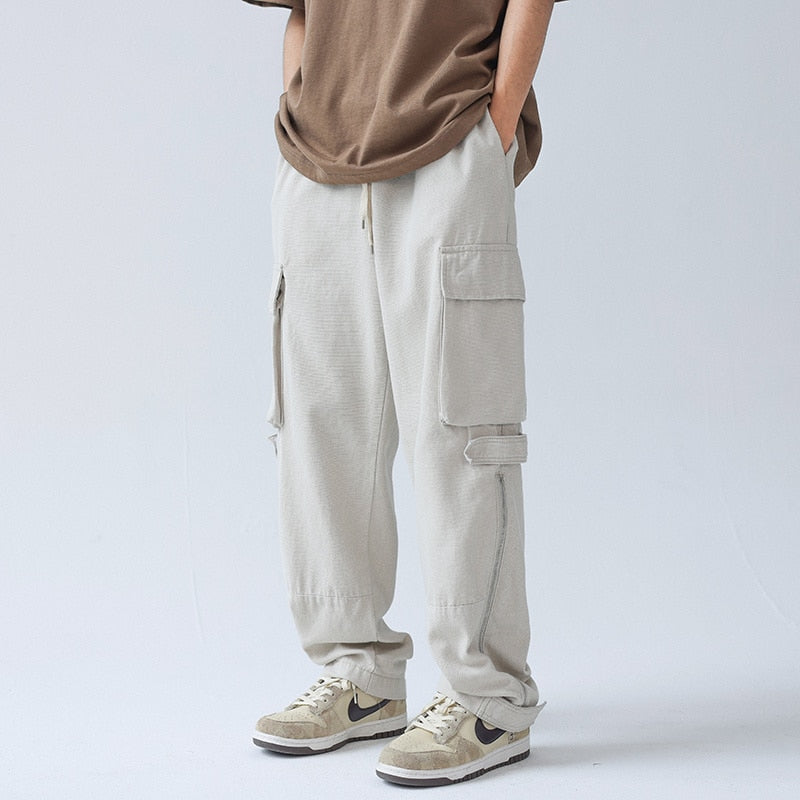 Black/Beige Cargo Pants Men Fashion Pocket Casual Pants Mens Japanese Streetwear Loose Hip Hop Straight Pants Mens Trousers