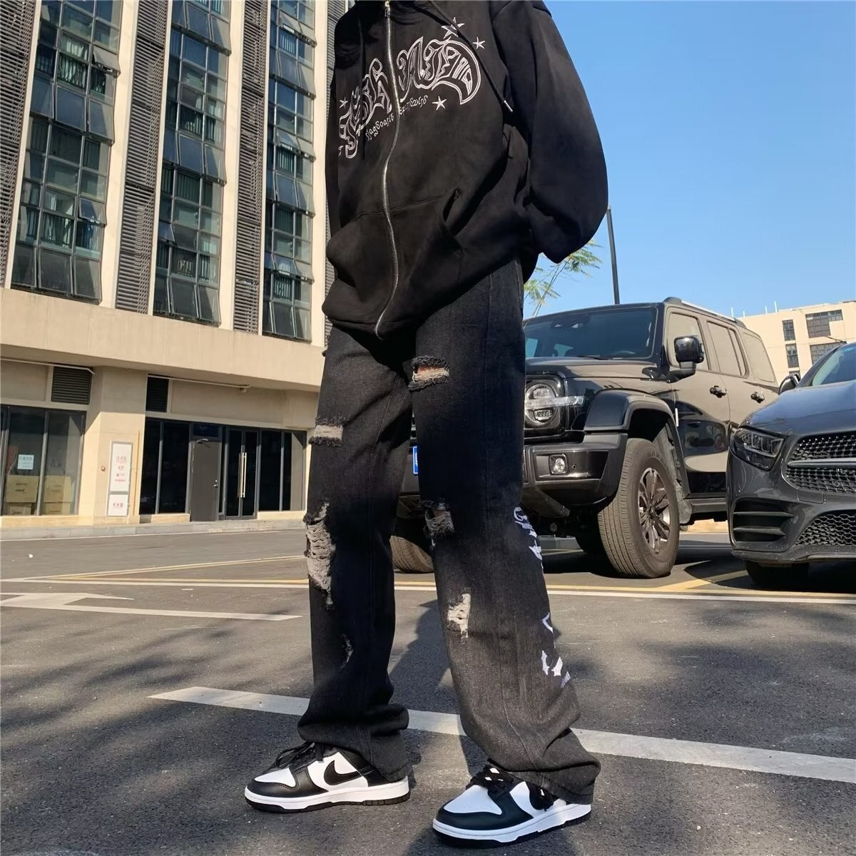 Vibe American Embroidery Letter Hiphop Broken Straight Leg Jeans Men's Fashion ins Loose Pants streetwear pantalon wear  2023