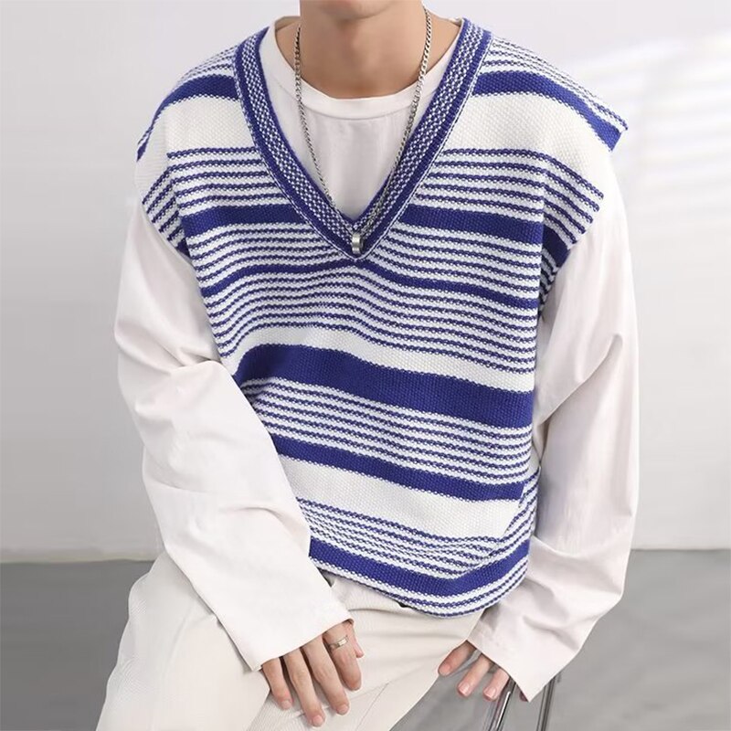 Fashion Striped Crochet Knit Vest Men Casual V Neck Sleeveless Knitted T Shirt Mens Trend All-match Knitting Tank Tops Camisoles