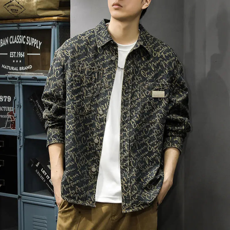 Spring and Autumn New Jacquard Denim Shirt Men Washed Lapel Coat Thin Casual Shirt Jacket Trend