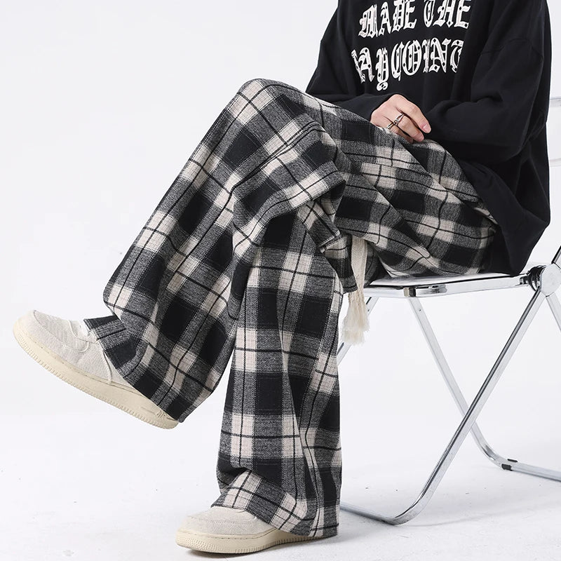 Plus Size Spring Casual Plaid Pants Men Wide Leg Couple Straight Pantalones Harajuku Mopping Oversize 8XL 7XL