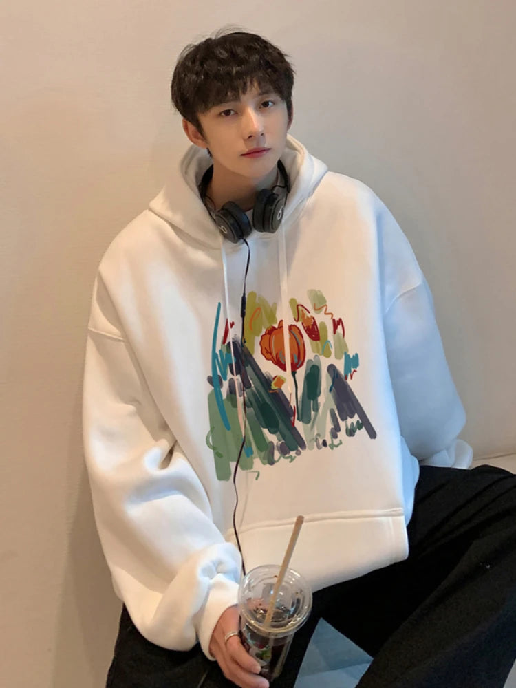 Hoodies Men Floral Spring Korean Style Baggy Fashion Chic Long Sleeve All-match Youthful Popular Hipster Cozy Clothing College