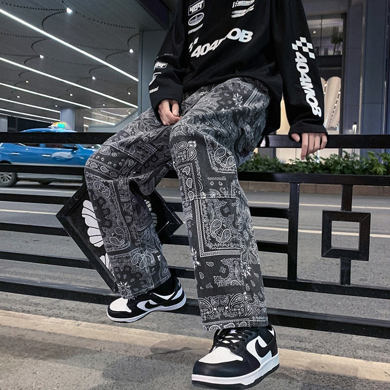 Spring New Men's Printed Black Baggy Jeans Korean Style  Denim Straight-leg Wide-leg Pants Male Trendy Brand Trousers