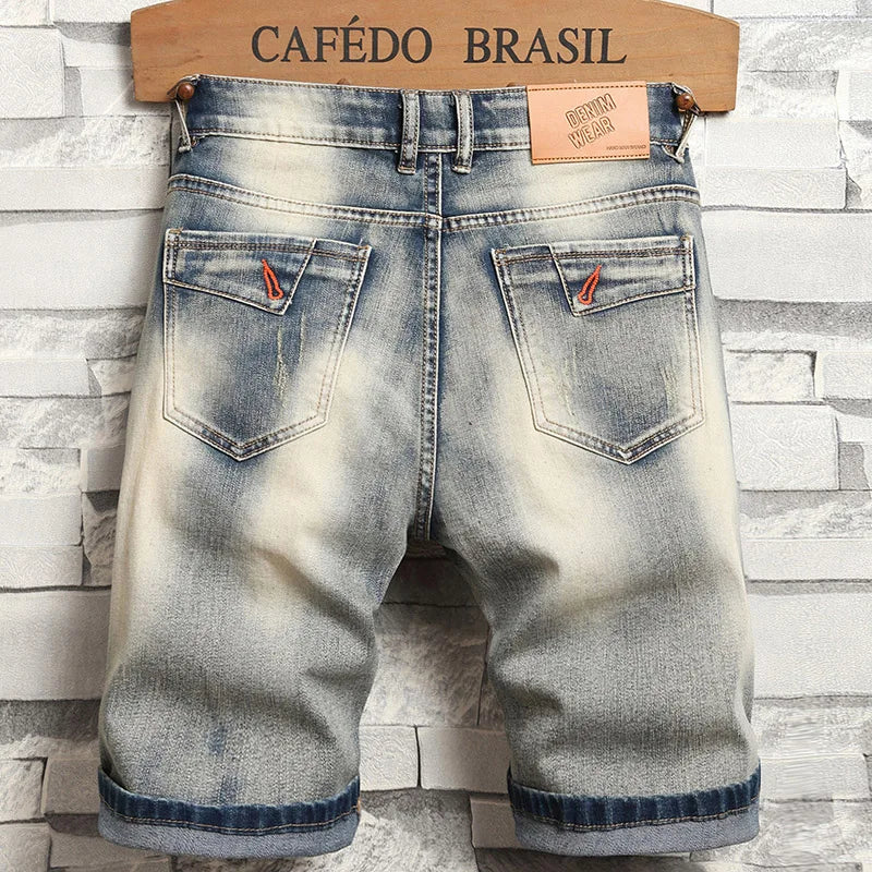 Summer New Men's Fashion Stretch Denim Shorts Retro High Street Style Old Slim Fit Short Jeans Splicing Design 98% Cotton Brand