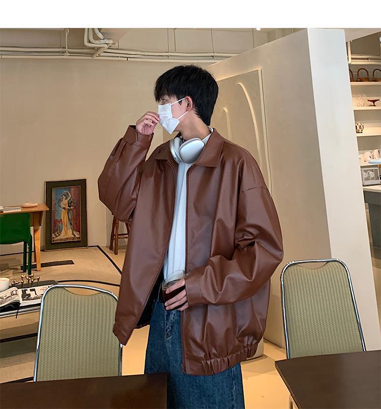 All Match Autumn Winter Fashion Men Solid Casual Shirt Loose Pockets Safari Style Leather Jacket Coat Cool Boy Soft