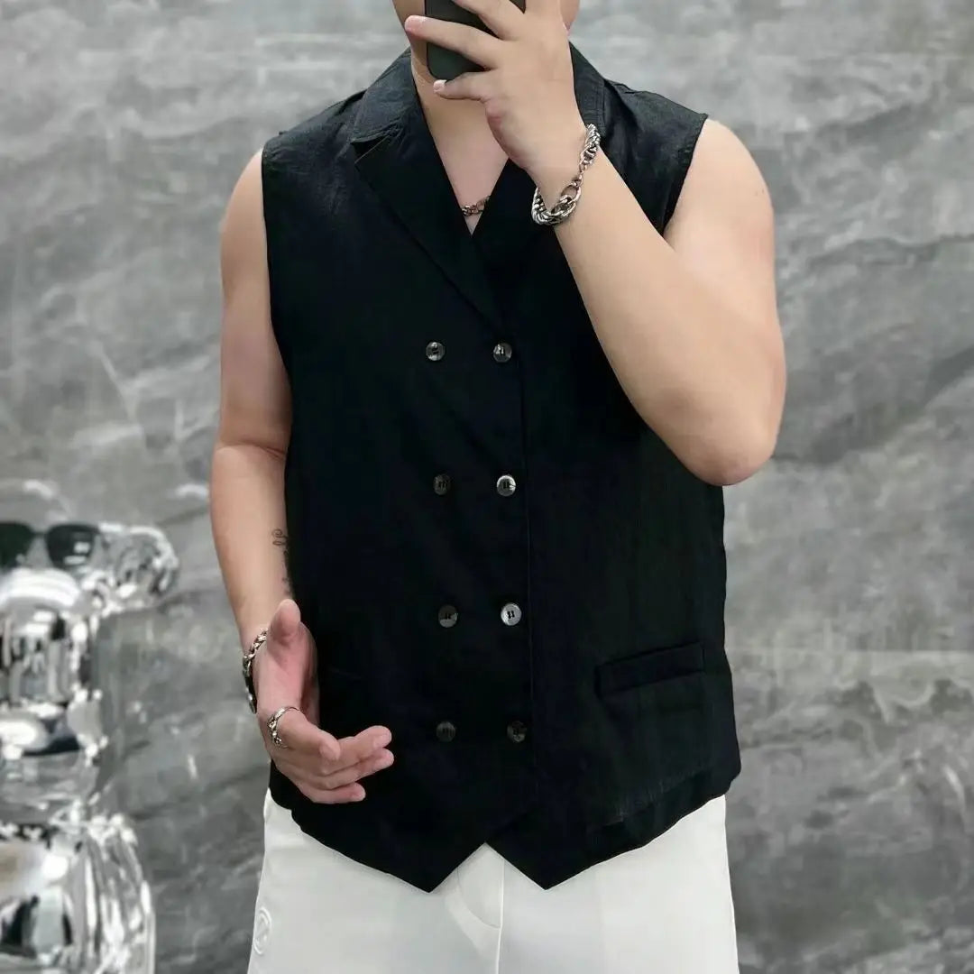 Summer Thin Men's Tank Top Sleeveless Shirts Fashion double-breasted Button Turndown Collar Cardigan Leisure Breathable Vest