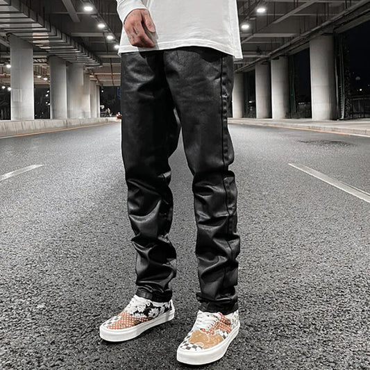 Harajuku Black Jeans Men's Vibe Waxed Casual Trousers Straight Pockets Oversized Pencil Pants Loose Hip Hop Mens Pants