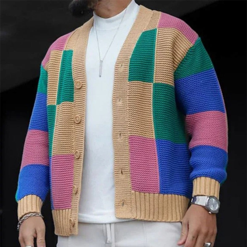 Vintage Patchwork Men Sweater Cardigan Casual Single Breasted V Neck Knit Jacket Autumn Winter Mens Fashion Color Block Sweaters