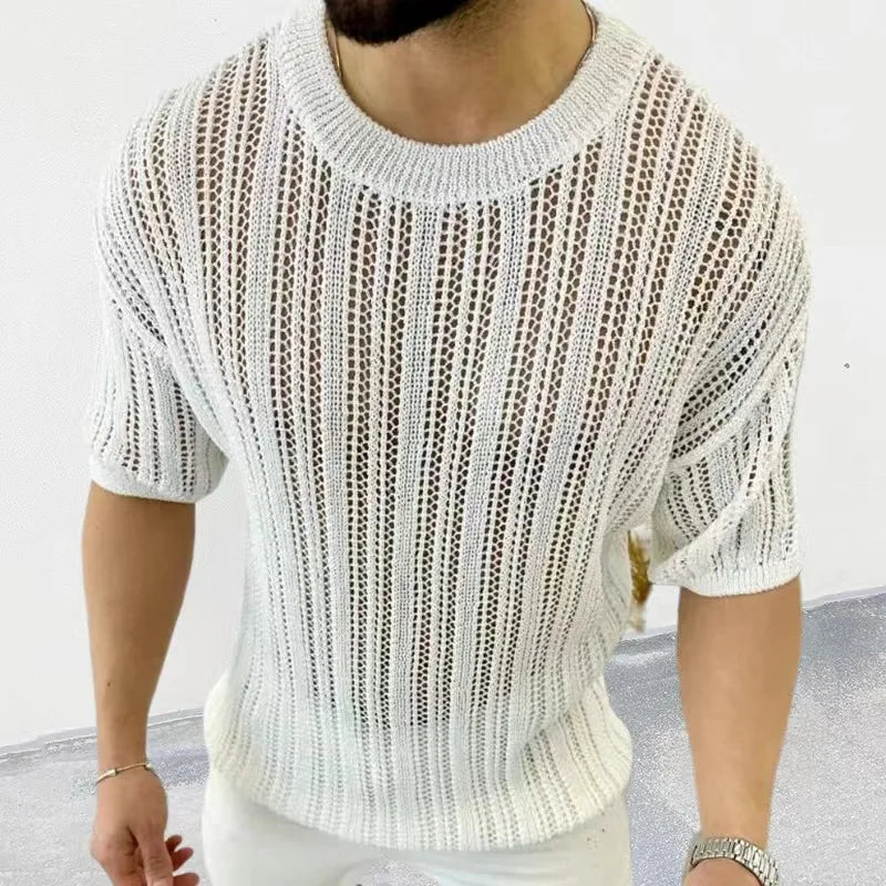 Spring Knitting Custom Tees Sweater For Men Slim Fit O-Neck Solid Hollow Mesh Man Pullover Autumn Long Sleeve Stretch Tops