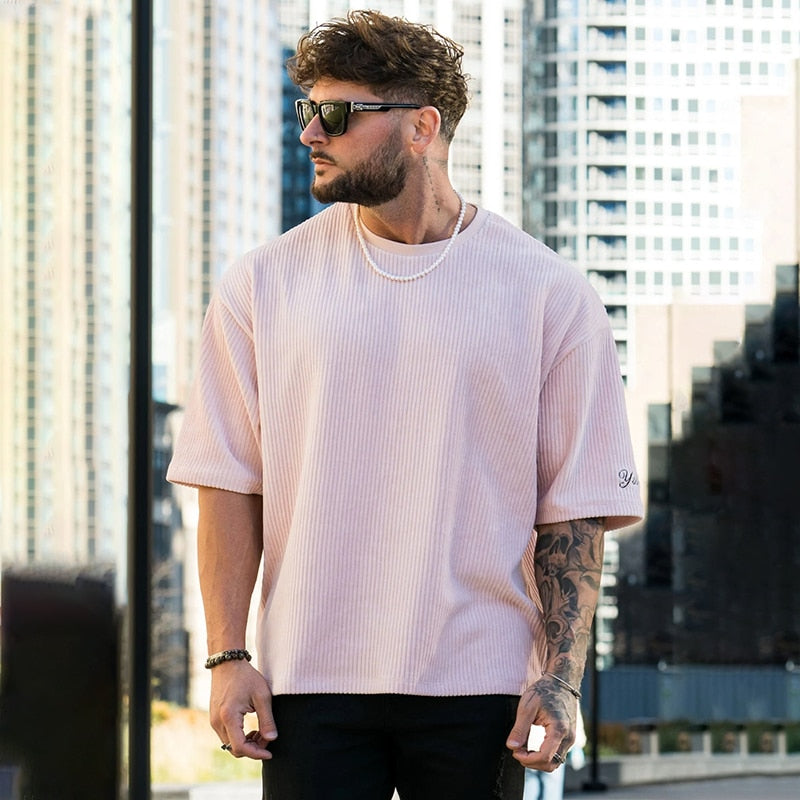 Summer Men's Ribbed T Shirts Fashion Letter Embroidery Loose Short Sleeve Tees 2023 Streetwear Men Clothes Casual Pullover Tops