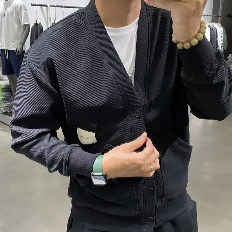 Y2k V-neck Button Sweatshirt Male Cardigan Niche Design 2023 Autumn New Trendy Harajuku Loose Solid Color Sweatshirts Coat