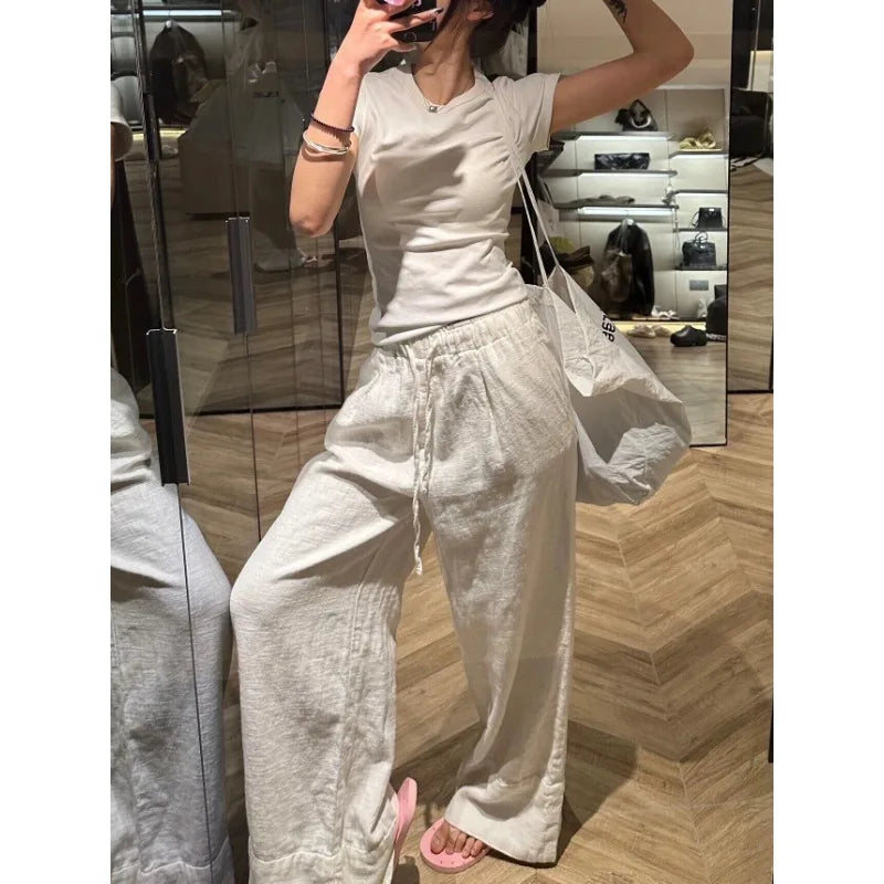 White Basic Linen Women Pants Elastic Waist Harajuku Korean Fashion Baggy Trousers Female Thin Oversized Casual Summer