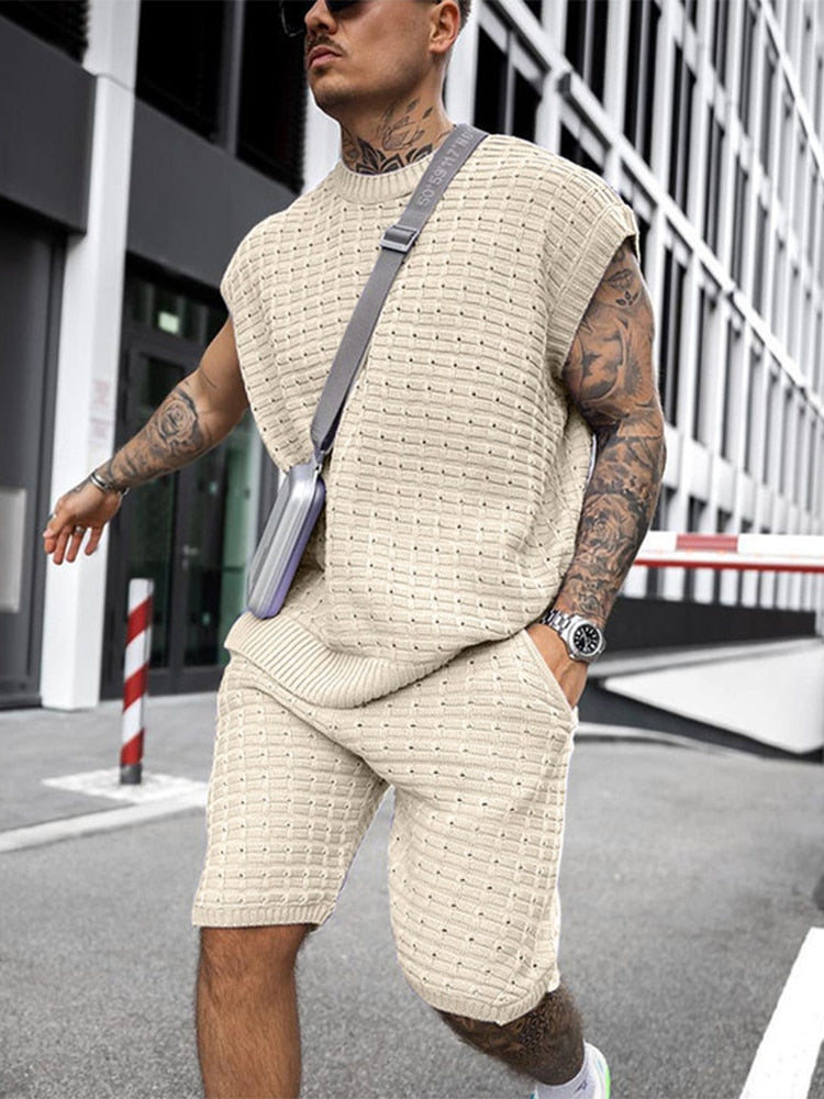 Streetwear  Summer Men Fashion Outfits Knitted Solid Color Loose Two Piece Sets Mens Casual O Neck Pullover And Shorts Suits