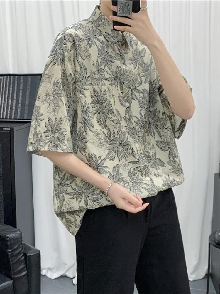 Summer New Beach Print Men Shirts Hip Hop Short Sleeve Button Down Blouse Fashion Loose Tops Teens