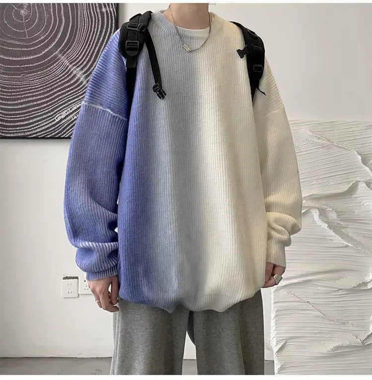 Fashion Autumn Winter Men's Cool Boy Casual Loose Tess Knitted Patchwork Pullover Sweater Soft Warm Color Gradation