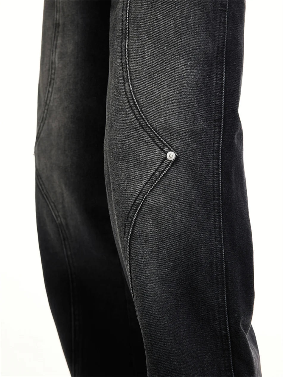 Relay's new Korean version of loose fitting straight mid rise denim jeans with stitching and buckle design for men and