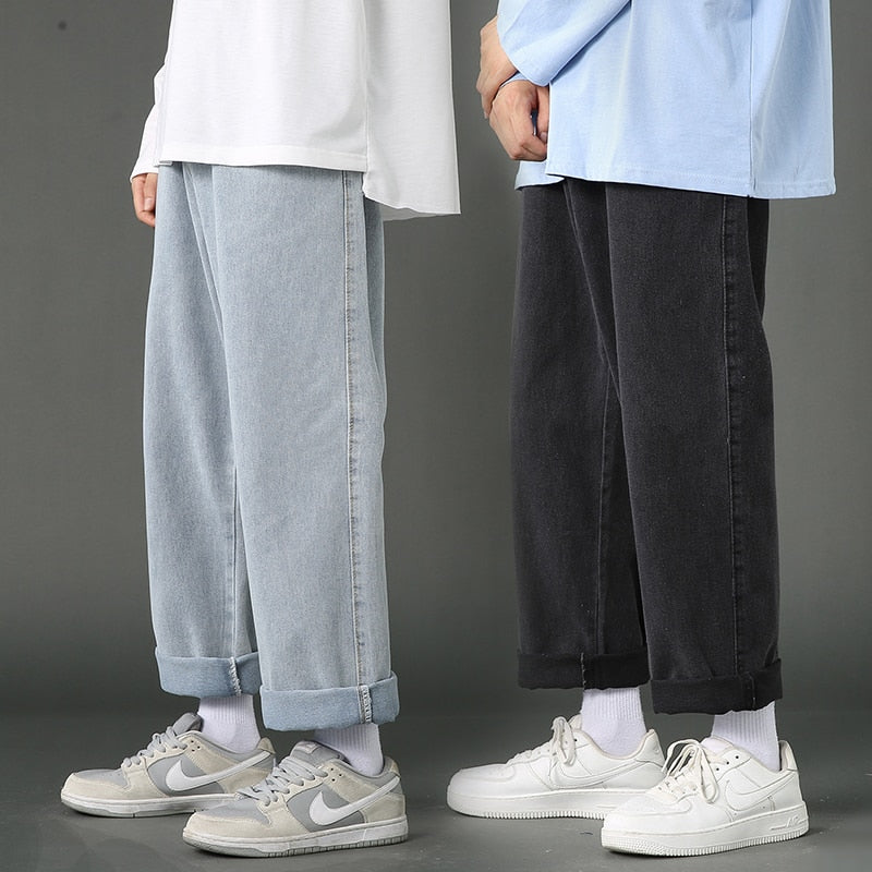2023 New Street Casual Baggy Jeans Men's Korean Fashion Hip Hop Straight Wide Leg  Trousers Couple Denim Pants Black Light Blue