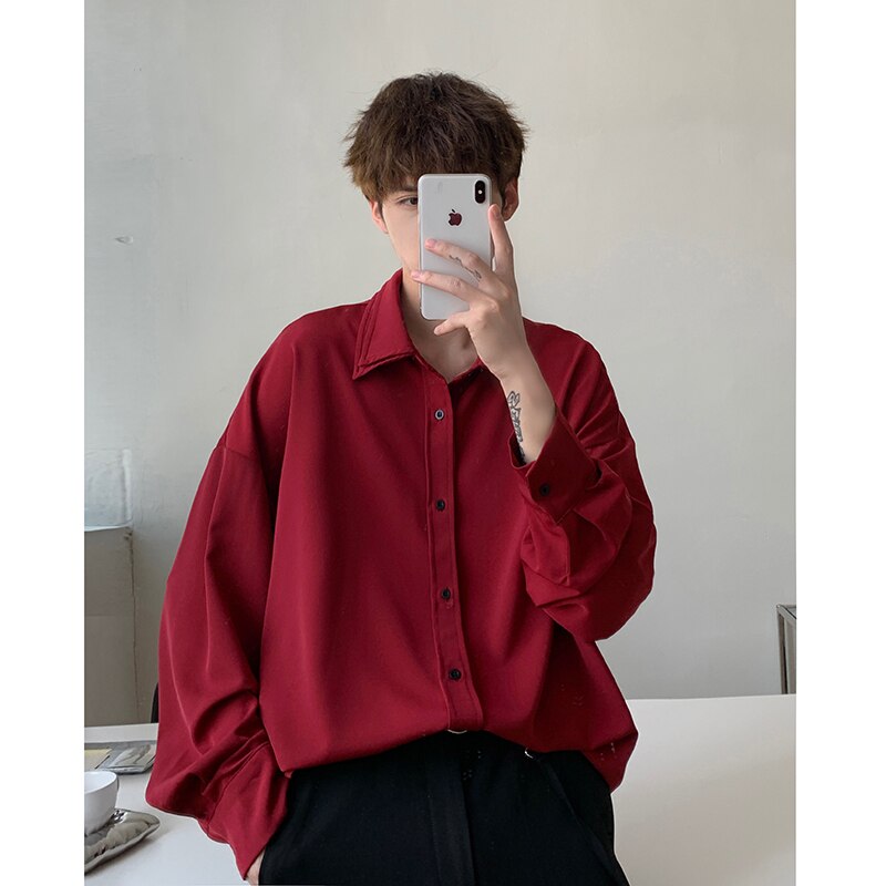 Long sleeve shirt men Double Collar Ice Silk Shirt Men Vintage Wine Red Shirts Men Korean Comfortable Blouse Casual Loose Shirt