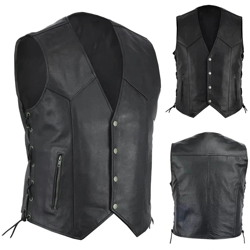 Men's Faux Leather Vest Single-breasted Side Zipper Straps Short Leather Vest Men's Punk Rock Sleeveless Leather Tops（PU）